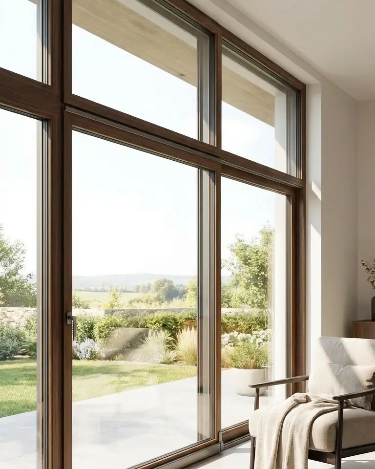 Bodentiefe Holz-Aluminium-Fenster mit Blick ins Grüne