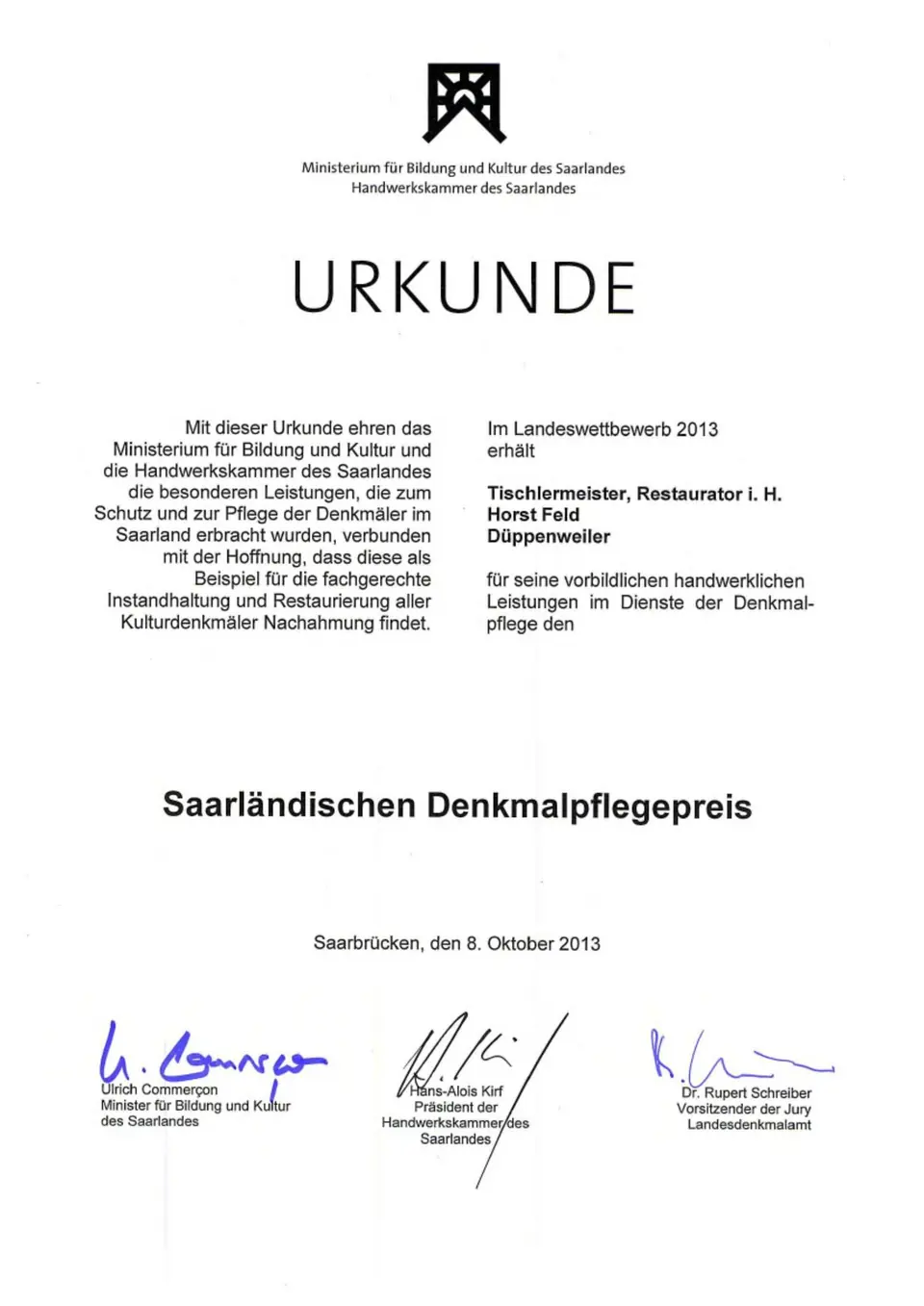 Urkunde zum Saarländischen Denkmalpflegepreis für Horst Feld