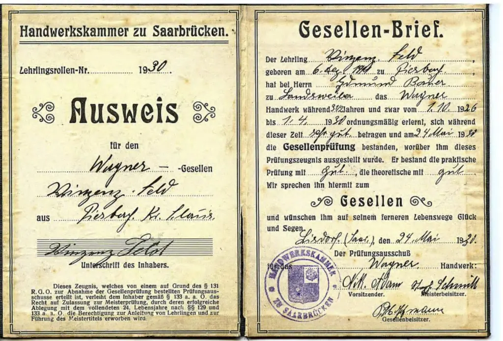 Gesellenbrief von Vinzenz Feld